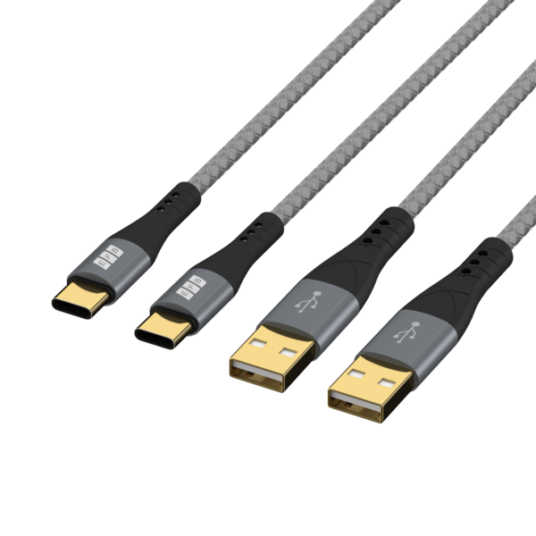 USB-A auf USB-C Kabelset 60W QC 3A -- 2x3m grau Goldkontakte Textilmantel