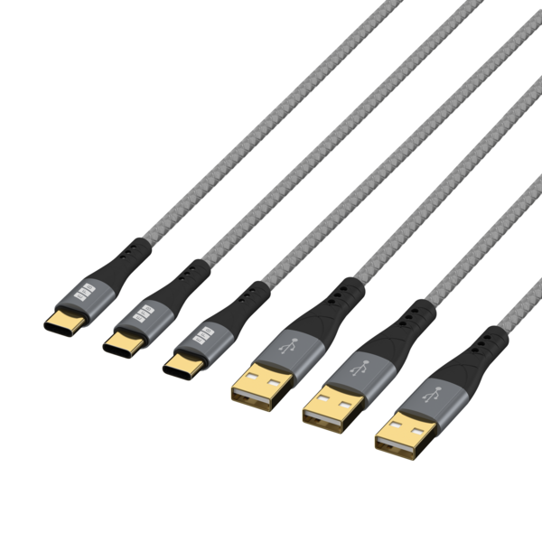 USB-A auf USB-C Kabelset 60W QC 3A -- 3x2m grau Goldkontakte Textilmantel