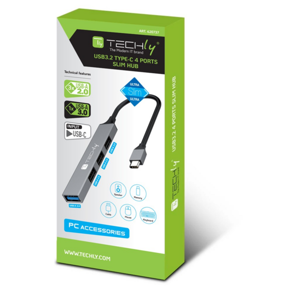 USB-C 3.2 Hub mit 4 schlanken USB-A-Ports --  aus Metall