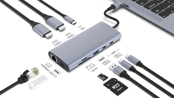 USB-C-Dockingstation 10in1, bis zu 2 Monitore, 2xUSB-A/2xUSB-C/2xHDMI/LAN/CR