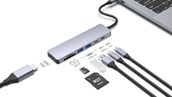 USB-C-Dockingstation 7in1, für 1 Monitor, Alu,2xUSB3.0/USB-C/HDMI/PD/CR