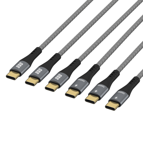 USB-C Kabelset 100W PD 3.0 5A E-Marker Chip -- 0,5m+1m+2m grau Goldkontakte Textil