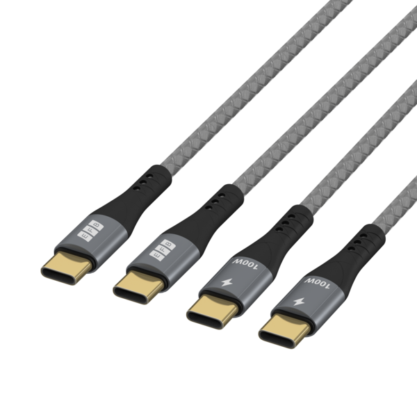 USB-C Kabelset 100W PD 3.0 5A E-Marker Chip -- 2x2m grau Goldkontakte Textilmantel