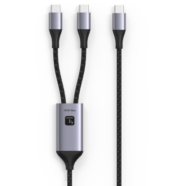 USB Splitter Ladekabel 1xUSB-C? St auf 2xUSB-C? St --  100W, 1.5m, schwarz/silber