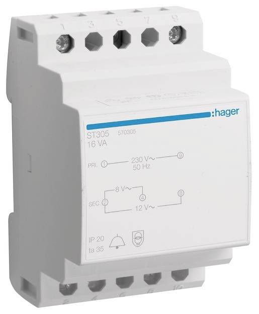 Hager Klingeltrafo 230V/8V u.12V ST305 16VA 3PLE Hager Klingeltrafo 230V/8V u.12V ST305 16VA 3PLE