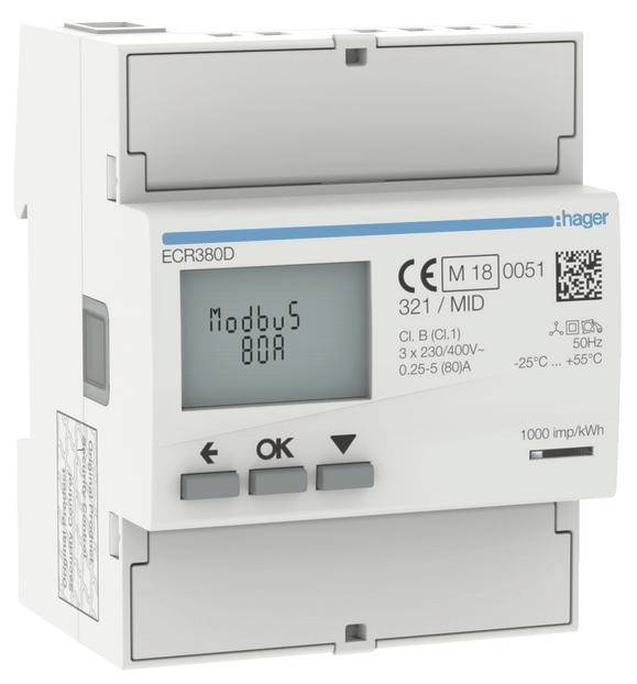 3250612231478 - Hager Energiezähler 3phasig ECR380D direkt 80A 4M MODBUS MID 3250612231478 - Hager Energiezähler 3phasig ECR380D direkt 80A 4M MODBUS MID