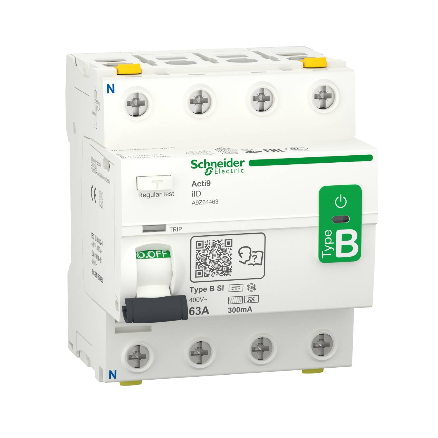 Schneider FI-Schalter 4P 63A A9Z64463 300mA IID TYP B-SI Allstromsensitiv Schneider FI-Schalter 4P 63A A9Z64463 300mA IID TYP B-SI Allstromsensitiv