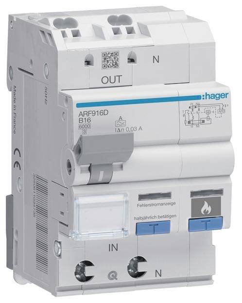 Hager AFDD Fi-LS 1P+N 6kA B-16A ARF916D 30mA 3M Fehlerlichtbogen/Brandschutzsch. Hager AFDD Fi-LS 1P+N 6kA B-16A ARF916D 30mA 3M Fehlerlichtbogen/Brandschutzsch.
