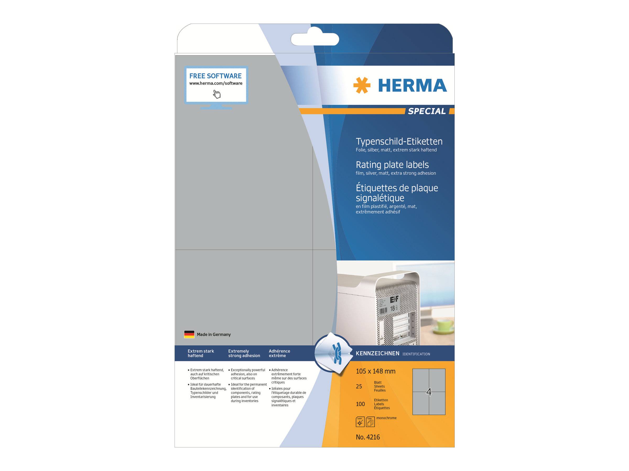 HERMA Typenschildetiketten A4 silb. 105x148 mm Folie 100 St. Etiketten
