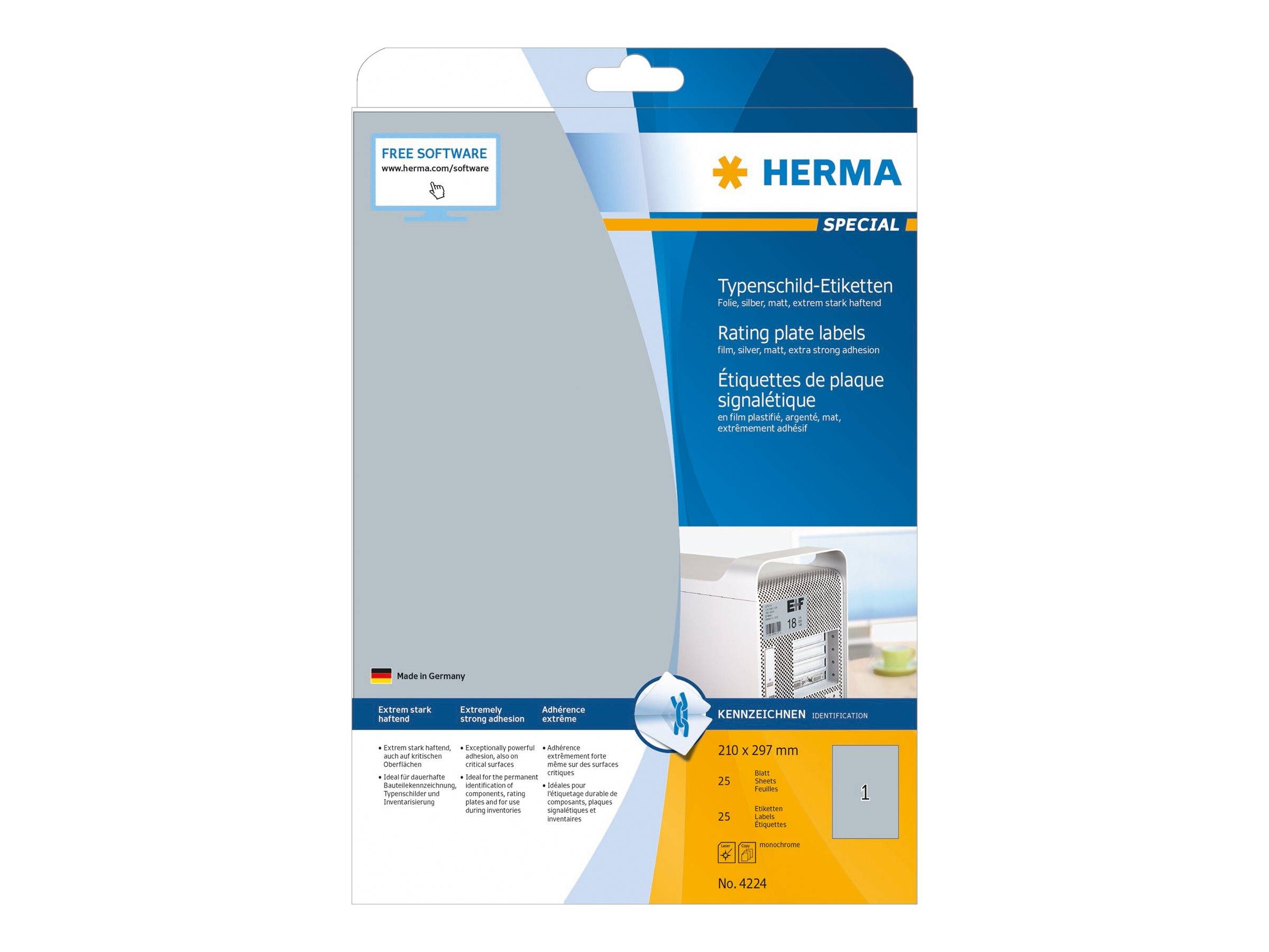 HERMA Typenschildetiketten A4 silb. 210x297 mm Folie 25 St. Etiketten