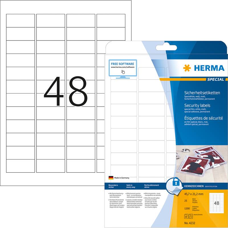 HERMA Sicherheitsetiketten weiß 45,7x21,2 mm Folie 1200 St. Etiketten