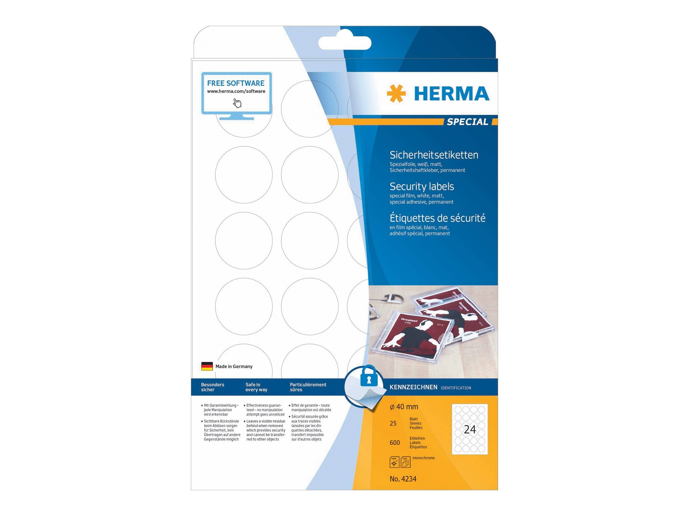 HERMA Sicherheitsetiketten weiß 40 mm rund Folie 600 St. Etiketten