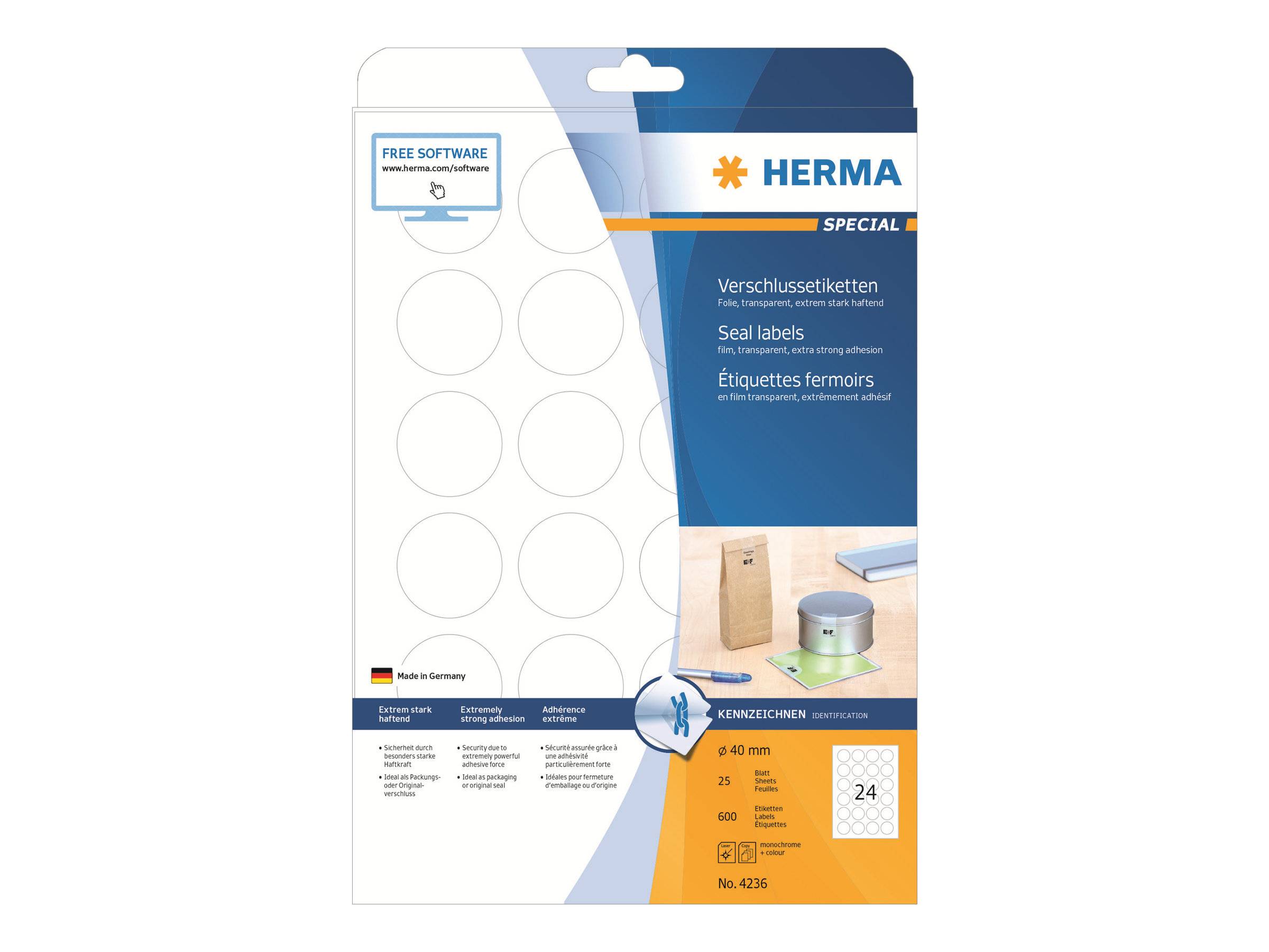HERMA Verschlussetiketten transparent 40 mm Folie 600 St. Etiketten