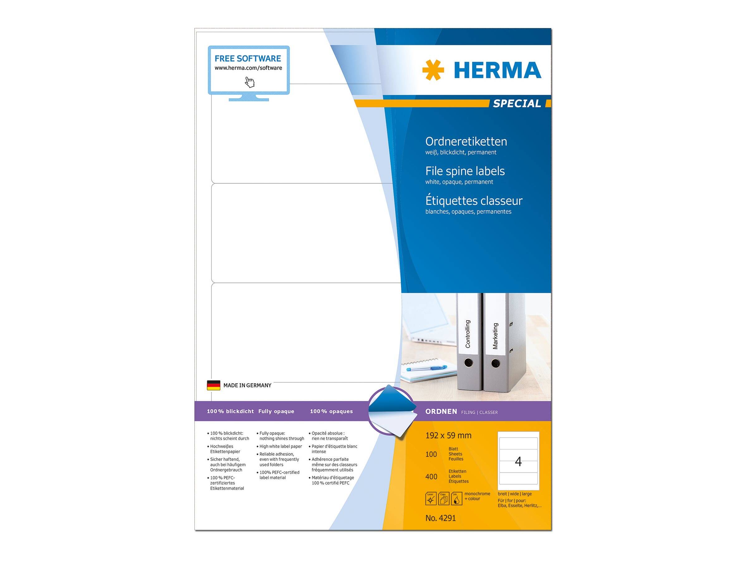 HERMA Ordneretiketten A4 weiß 192x59 mm Papier opak 400 St. Etiketten