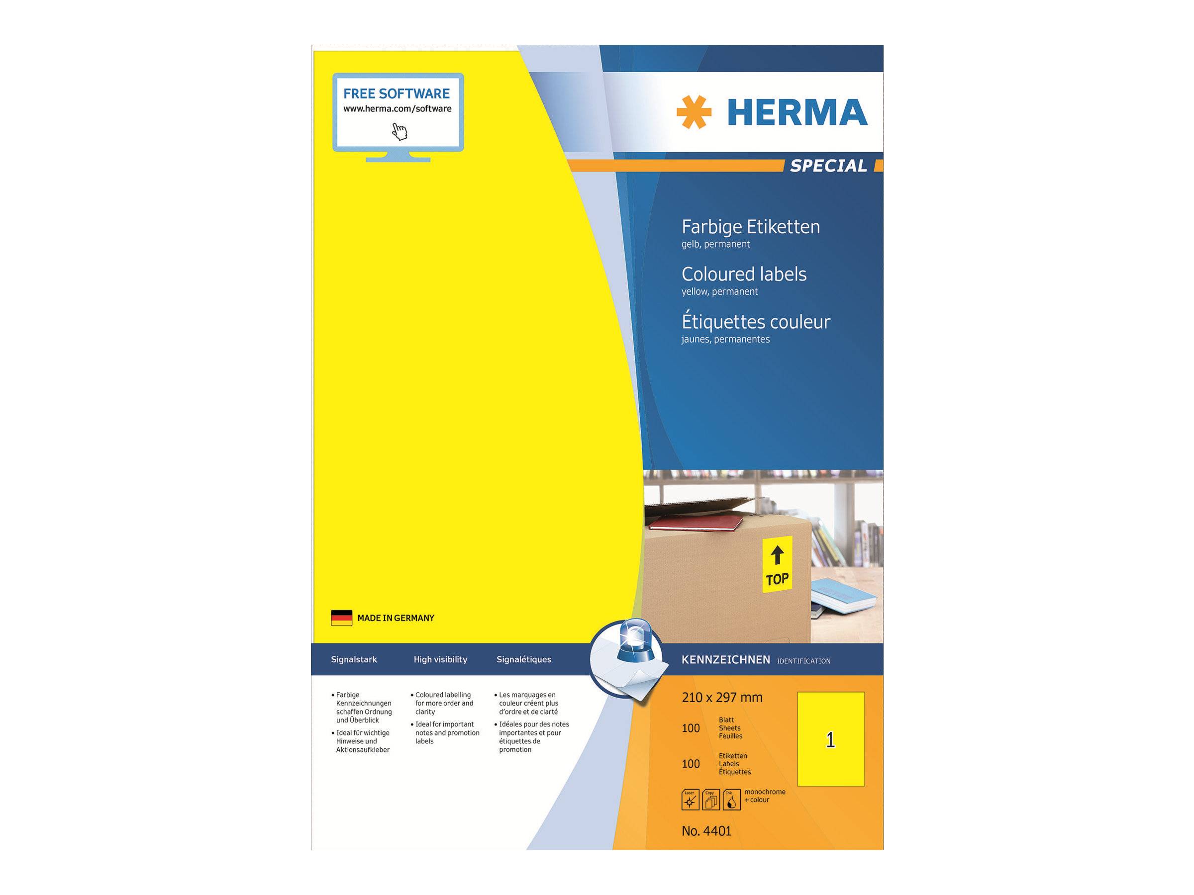 HERMA Etiketten A4 gelb 210x297 mm Papier matt 100 St. HERMA Etiketten A4 gelb 210x297 mm Papier matt 100 St.