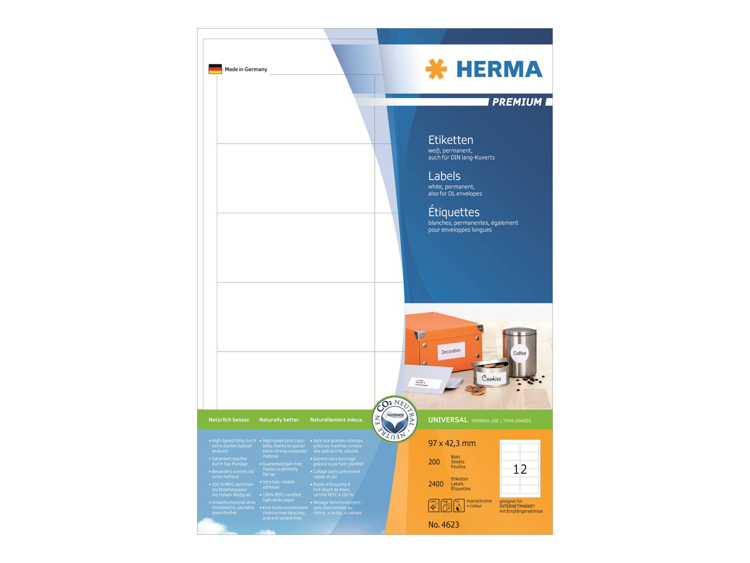 HERMA Etiketten Premium A4 weiß 97x42,3 mm Papier 2400 St. Etiketten