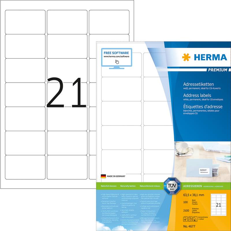 HERMA Adressetiketten A4 weiß 63,5x38,1 mm Papier 2100 St. HERMA Adressetiketten A4 weiß 63,5x38,1 mm Papier 2100 St.