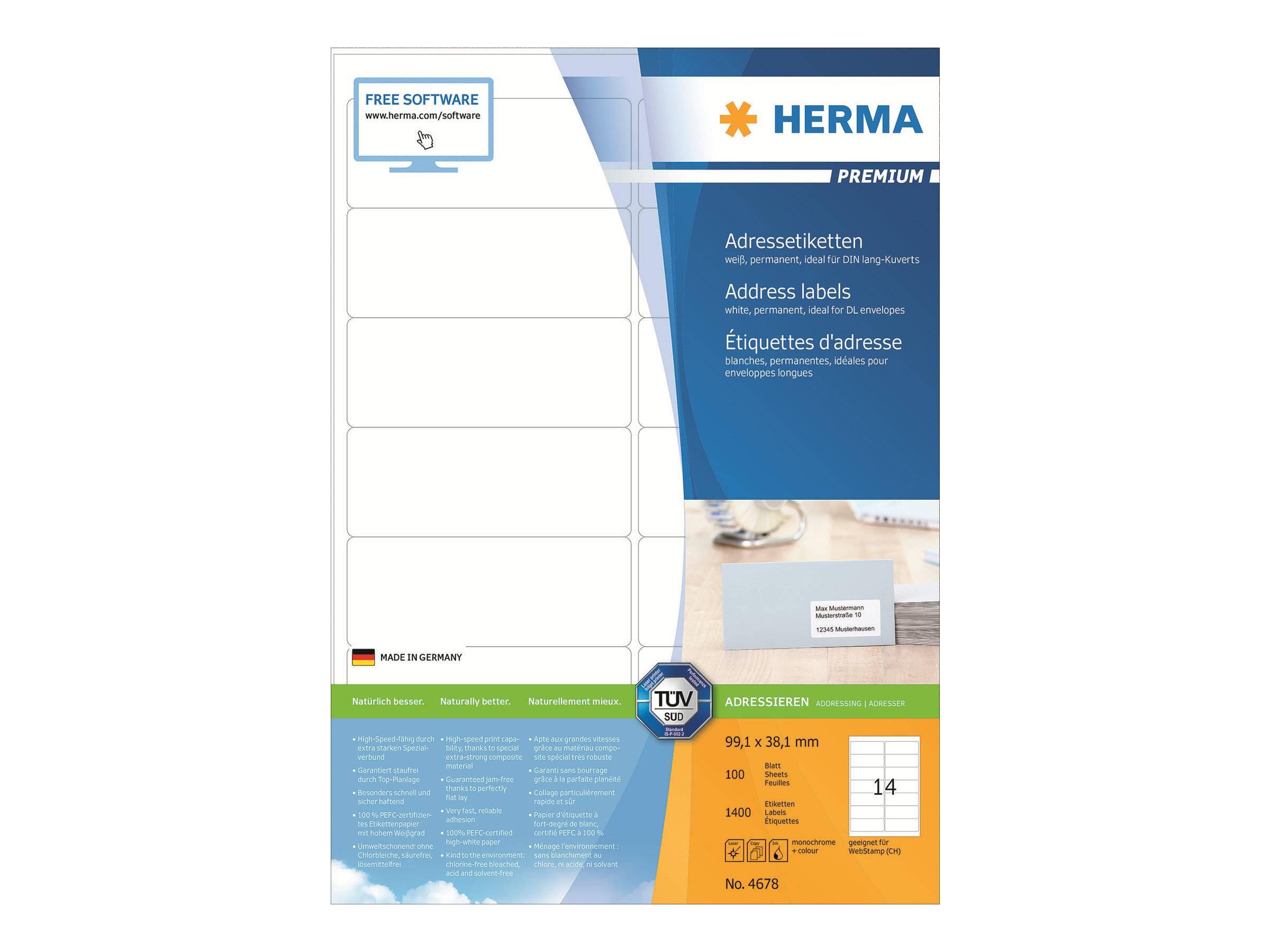HERMA Adressetiketten A4 weiß 99,1x38,1 mm Papier 1400 St. Etiketten