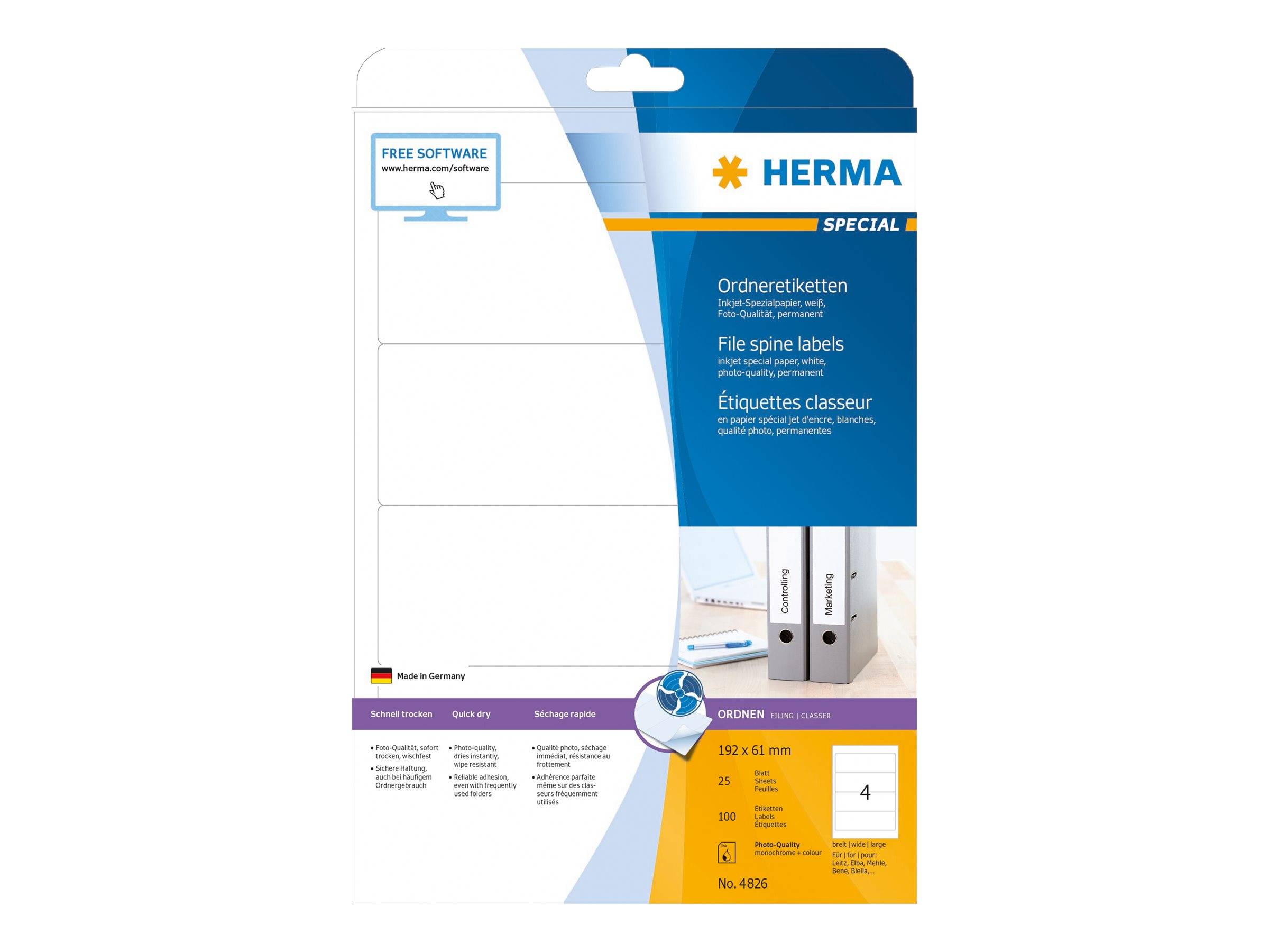 HERMA Inkjet Ordneretik. A4 weiß 192x61 mm Papier 100 St. HERMA Inkjet Ordneretik. A4 weiß 192x61 mm Papier 100 St.