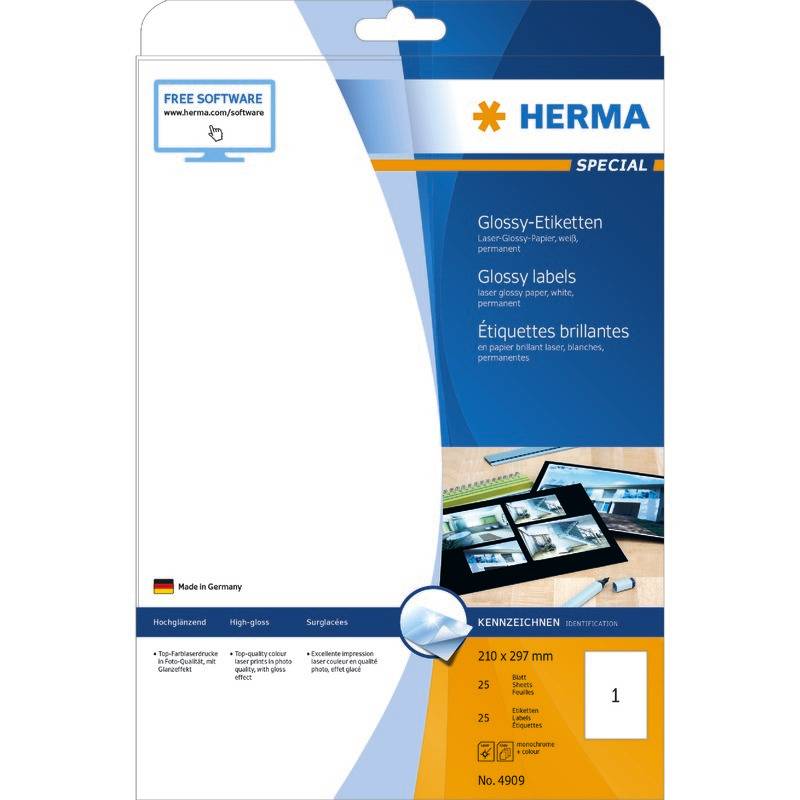 HERMA Etiketten A4 weiß 210x297 mm Papier glänz. 25 St. HERMA Etiketten A4 weiß 210x297 mm Papier glänz. 25 St.
