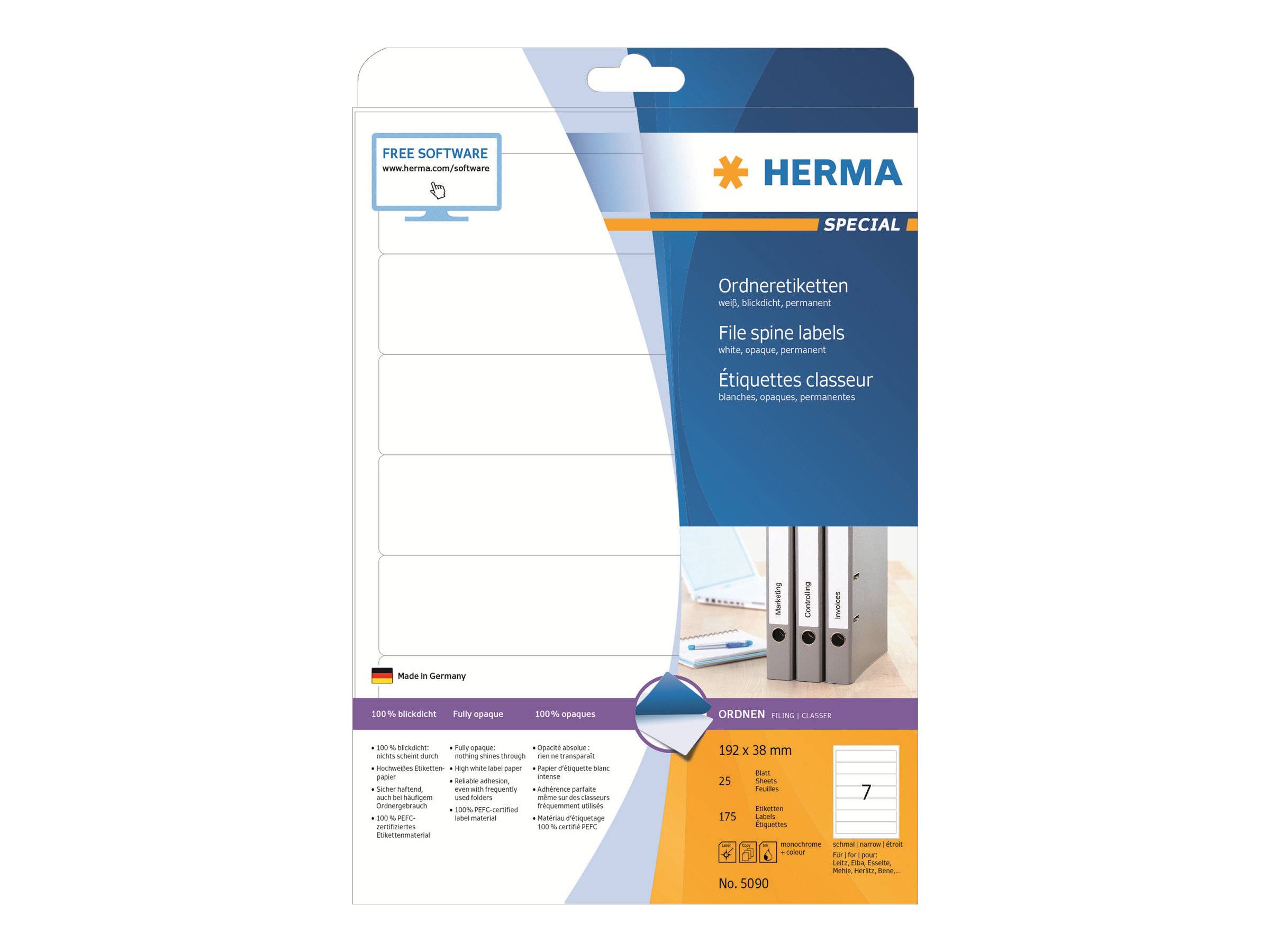 HERMA Ordneretiketten A4 weiß 192x38 mm Papier opak 175 St. Etiketten