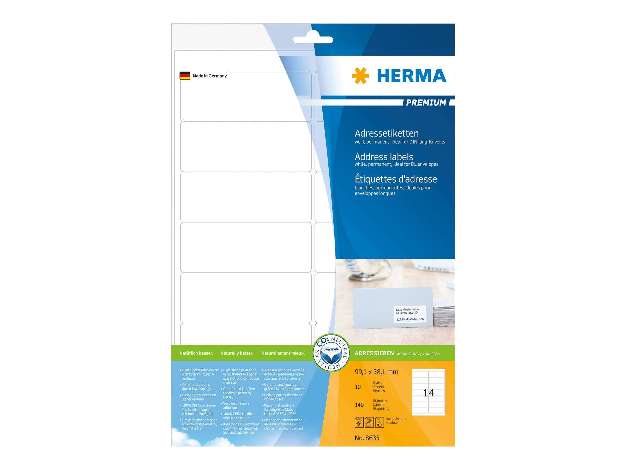 HERMA Adressetiketten A4 weiß 99,1x38,1 mm Papier 140 St. Etiketten