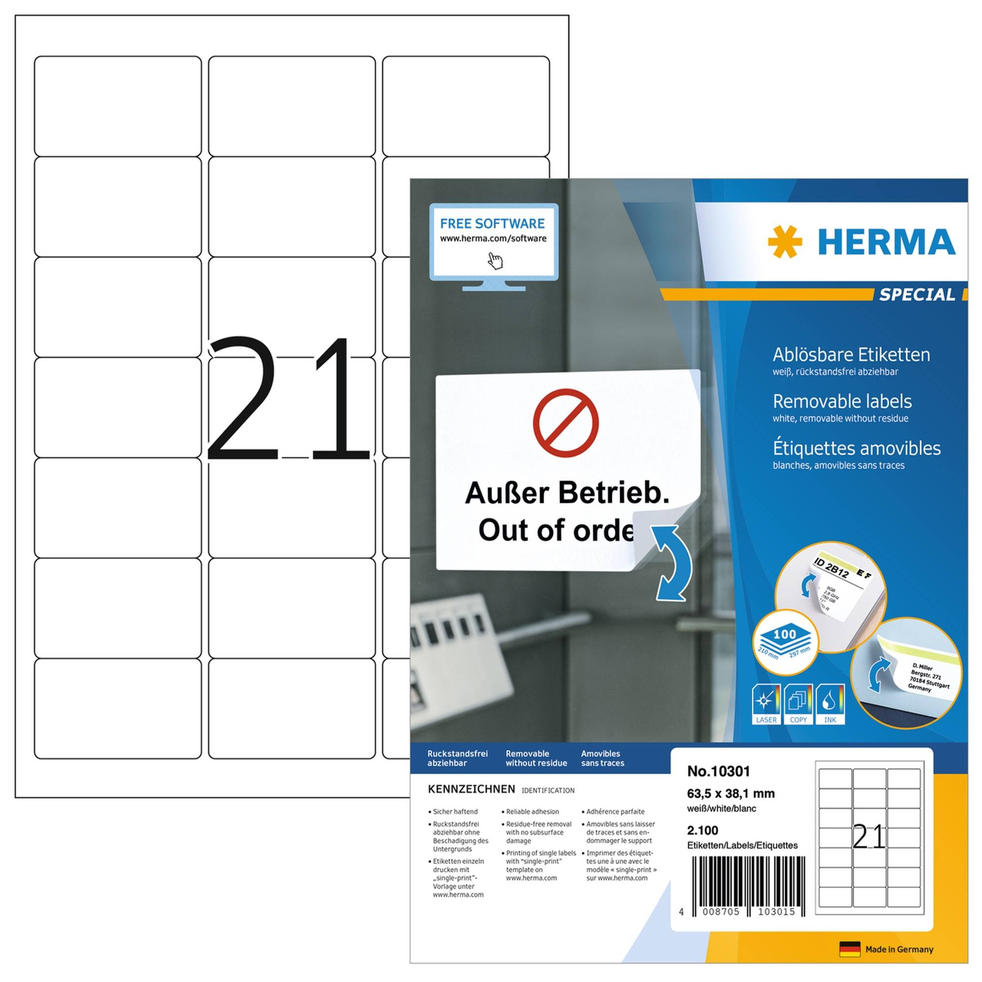 HERMA Adressetiketten A4 weiß 63,5x38,1 mm 2100 St. Etiketten