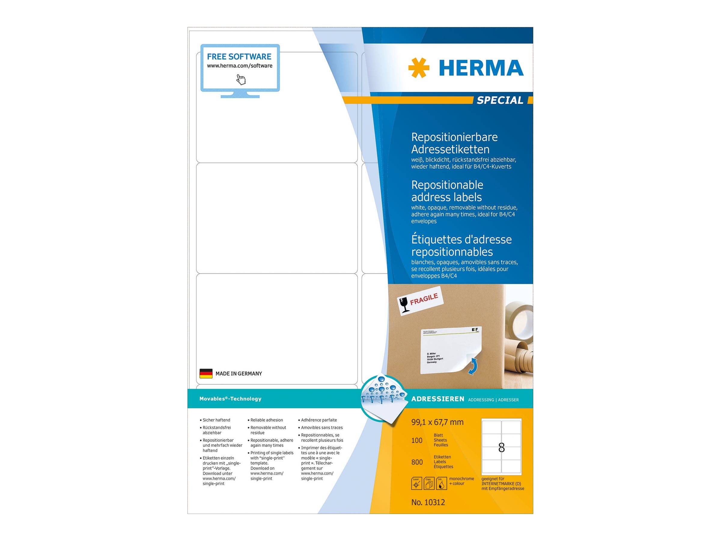 HERMA Adressetiketten A4 weiß 99,1x67,7 mm opak 800 St. HERMA Adressetiketten A4 weiß 99,1x67,7 mm opak 800 St.