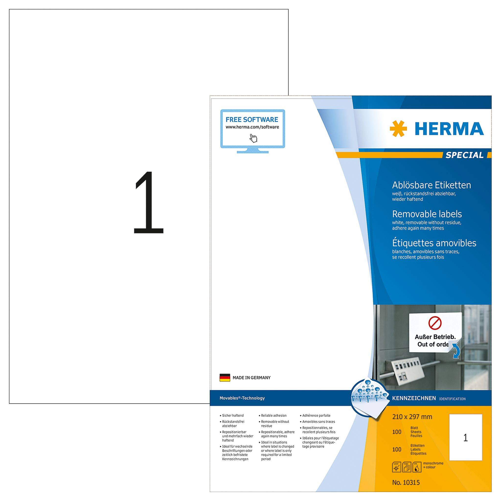 HERMA Etiketten A4 weiß 210x297 mm ablösb. Papier 100 St. HERMA Etiketten A4 weiß 210x297 mm ablösb. Papier 100 St.