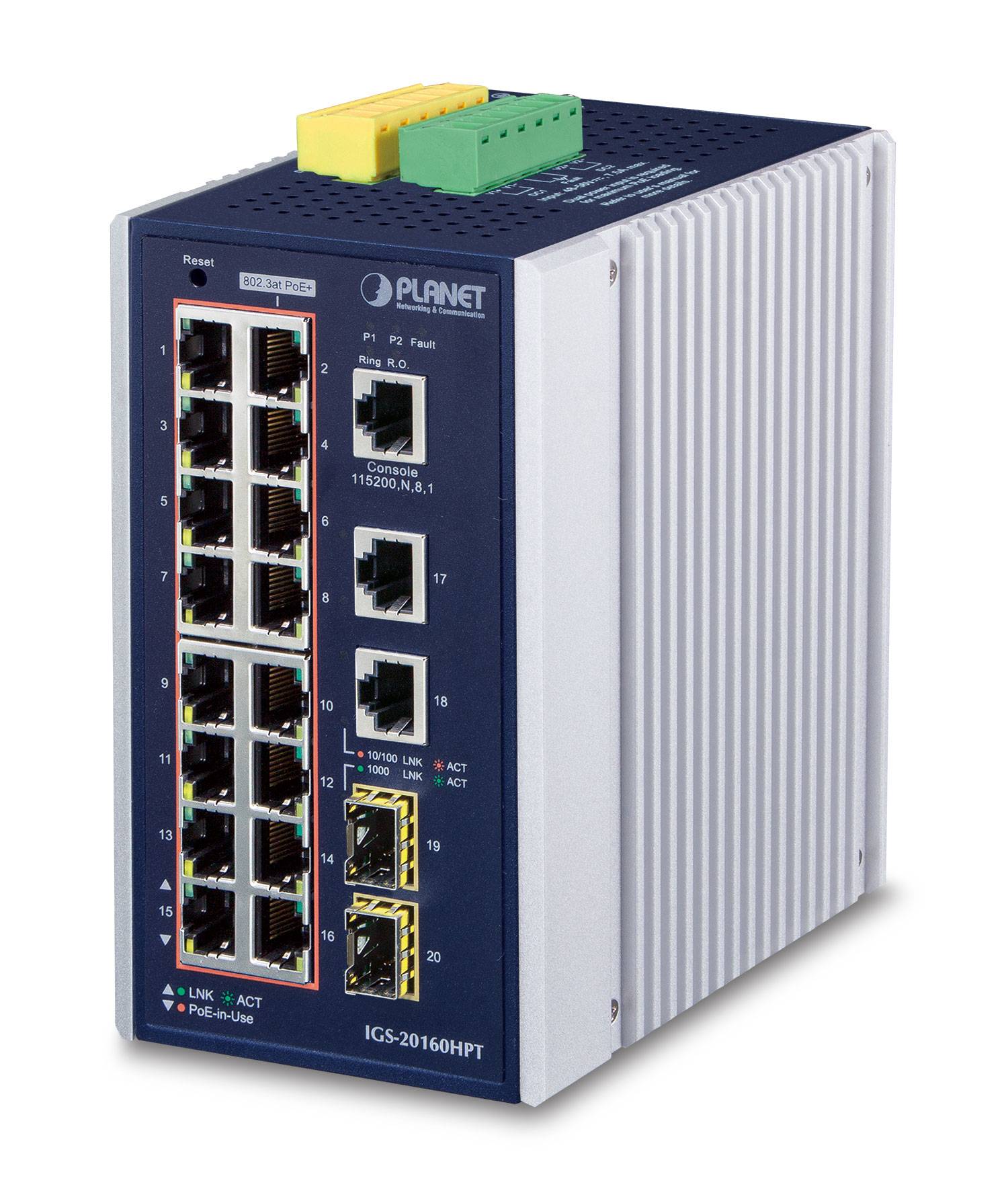 PLANET Industrial 16-Port PoE Switch 10/100/1000T 2xUP 2xSFP - IGS-20160HPT