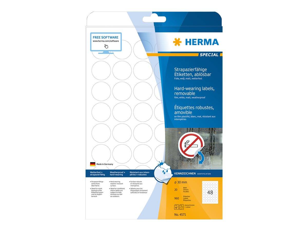 HERMA Folien-Etiketten A4 30mm weiß ablösbar 960St. HERMA Folien-Etiketten A4 30mm weiß ablösbar 960St.