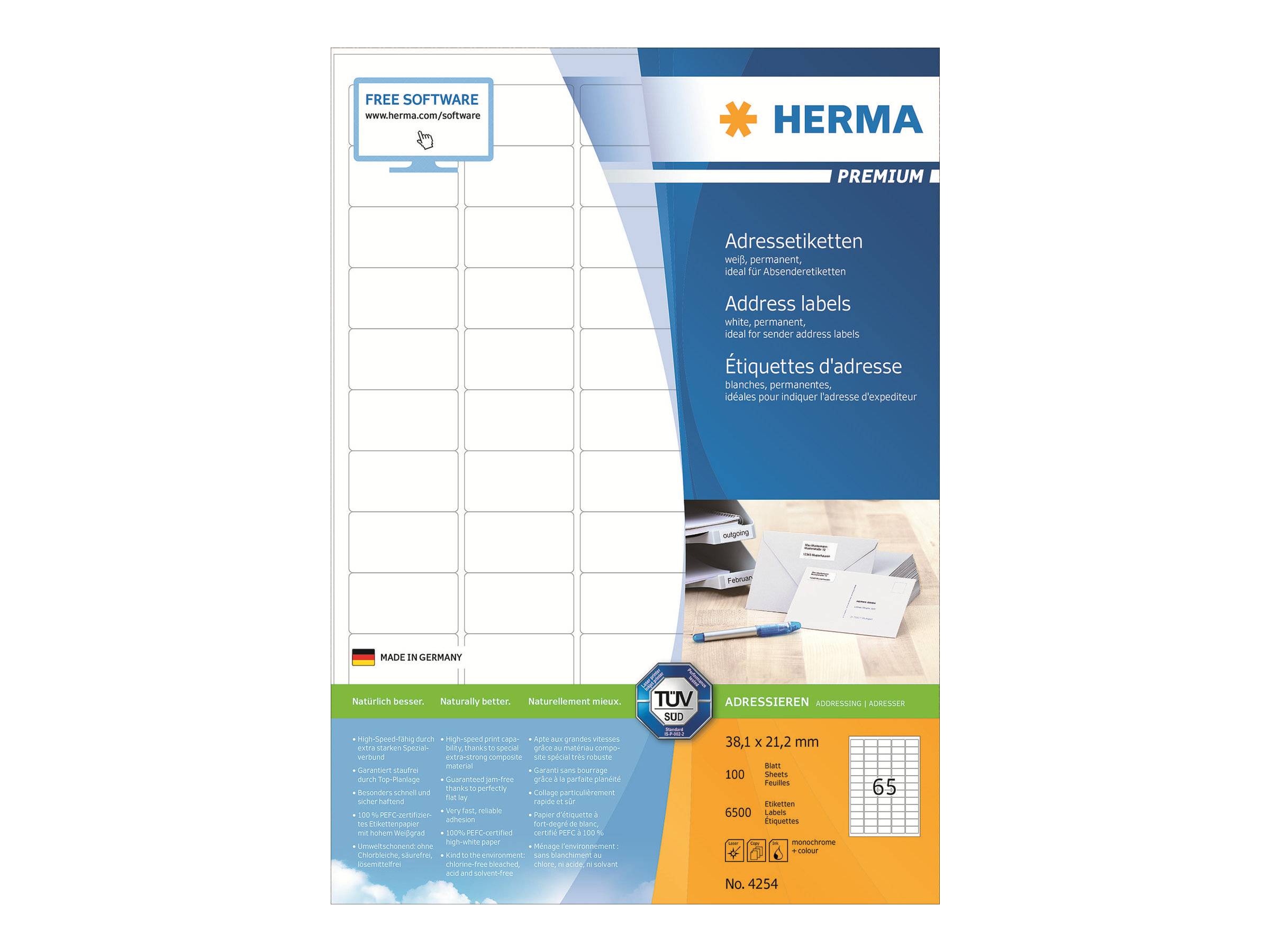 HERMA Adressetiketten A4 weiß 38,1x21,2 mm Papier 6500St. HERMA Adressetiketten A4 weiß 38,1x21,2 mm Papier 6500St.