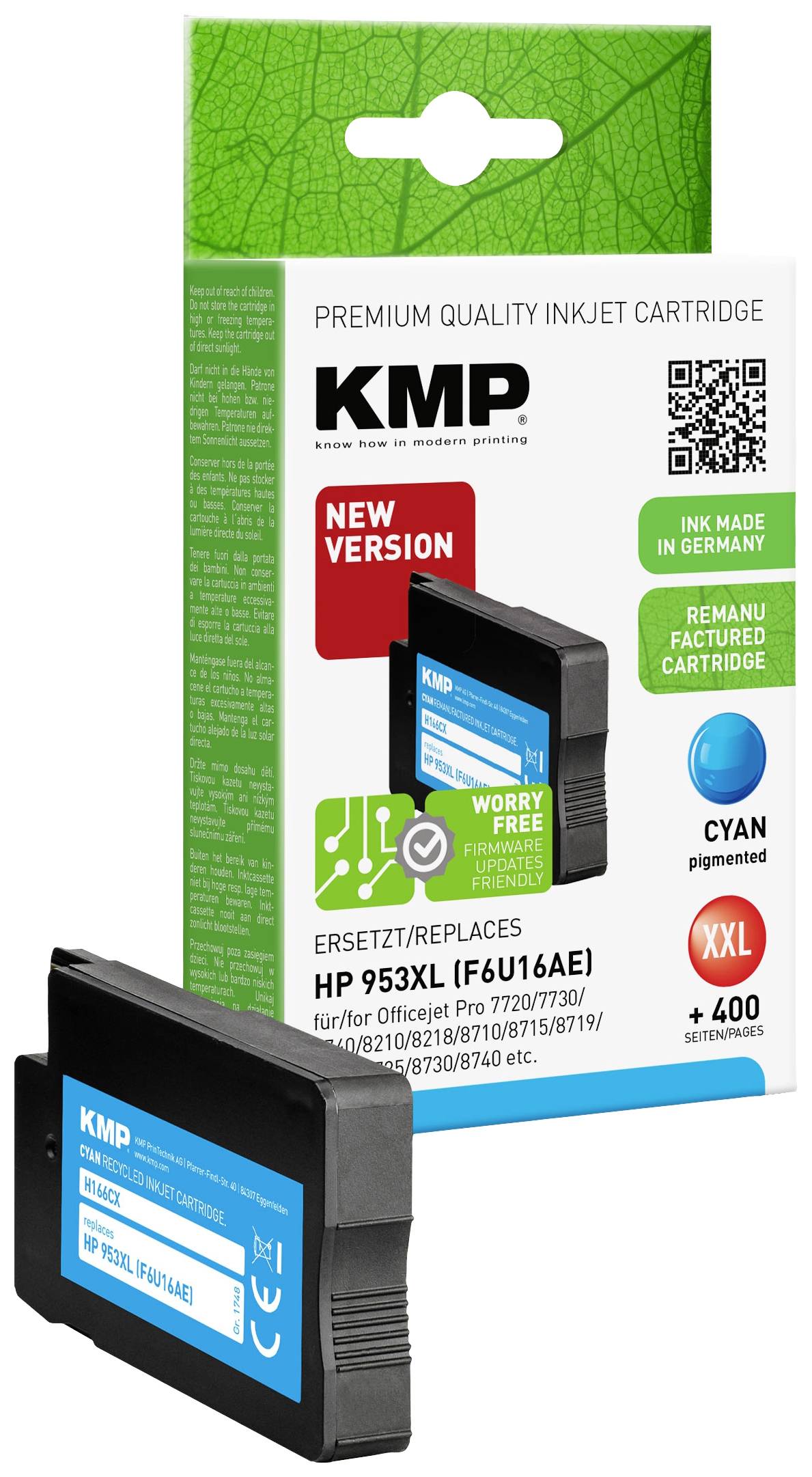 KMP Patrone HP 953XL (F6U16AE) cyan 2000 S. H166 Hybrid-Chip refilled - 1748,4003