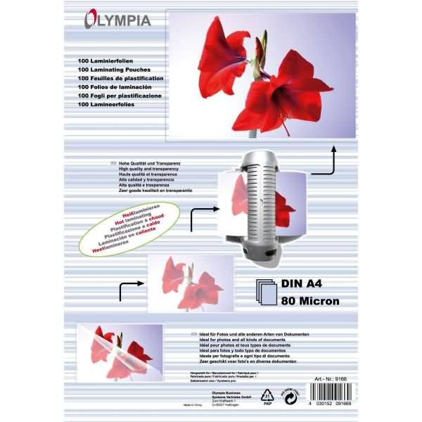 Olympia Laminierfolie DIN A4 80 Mic 100 Stück transp. Laminierfolien