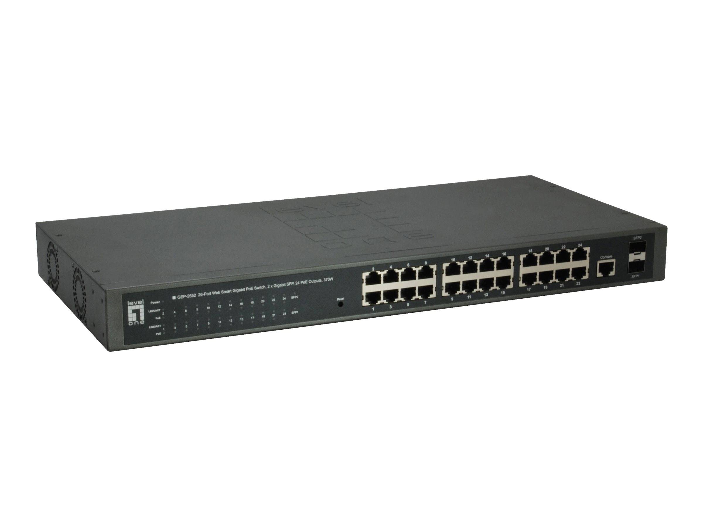 LevelOne Switch 24x GE GEP-2652 2xGSFP 19 370W 24xPoE+ - GEP-2652