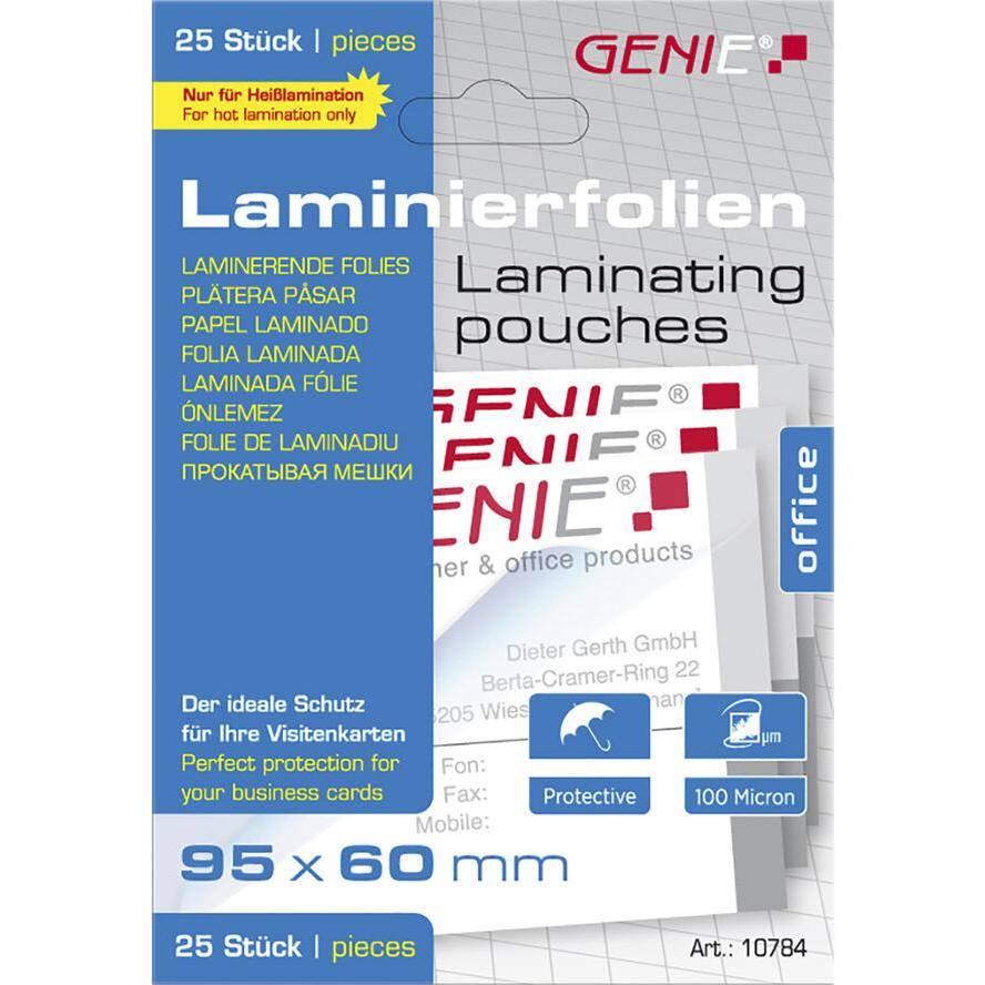 Genie Laminiertaschen Visitenkartengröße 95x60mm 100mic. VE=25 Stück
