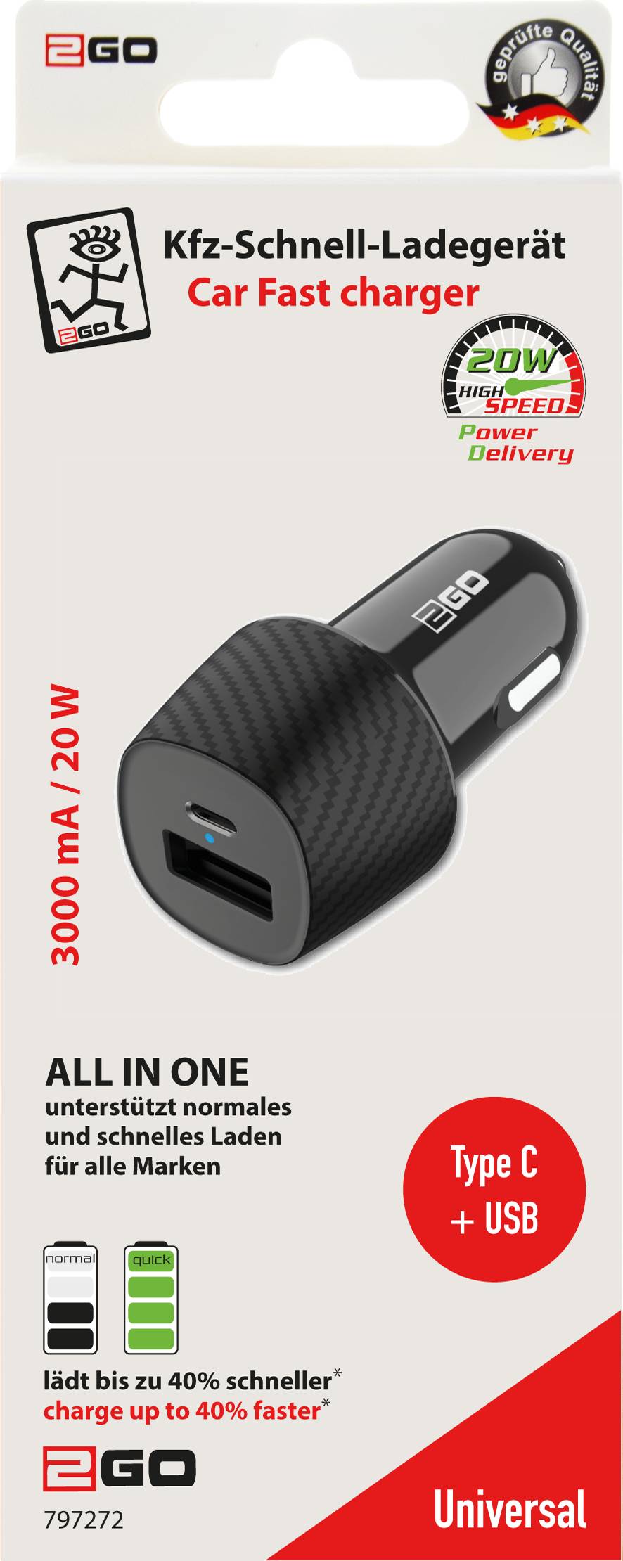 2GO KFZ-Ladegerät 20W 1xUSB-C 1xUSB-A schwarz - 797272