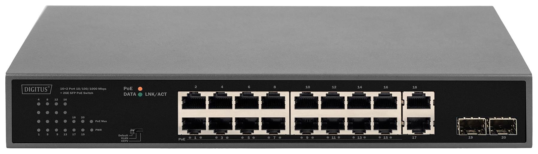 DIGITUS Switch 16+2Port 2Gigabit SFP PoE schwarz - DN-95358