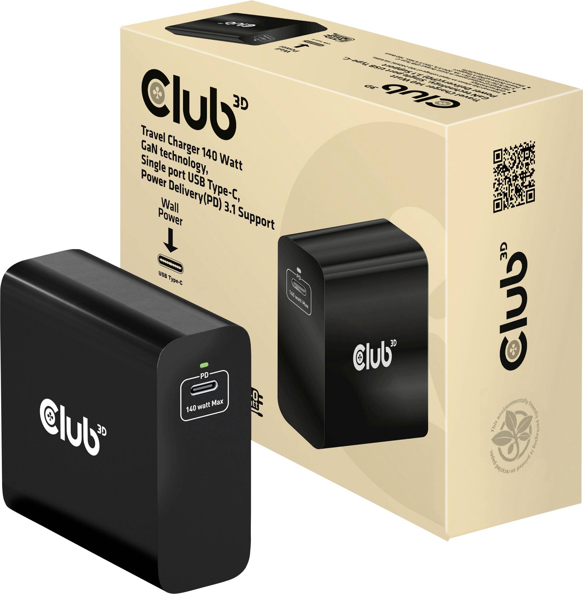 8719214472689 - CLUB3D Ladegerät 140 Watt GaN-Technologie Einzelanschluss USB Typ-C Power Delivery (PD) 31 Unterstützung 8719214472689 - CLUB3D Ladegerät 140 Watt GaN-Technologie Einzelanschluss USB Typ-C Power Delivery (PD) 31 Unterstützung