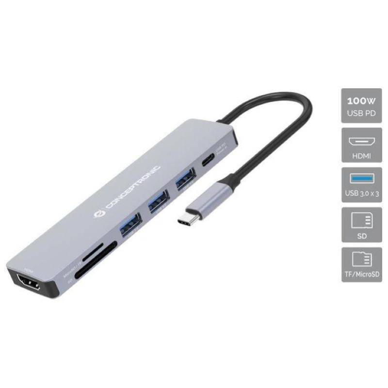 CONCEPTRONIC Dock USB-C->HDMI,3xUSB3.0,SD/TF,100WPD 25cm gr - DONN19G