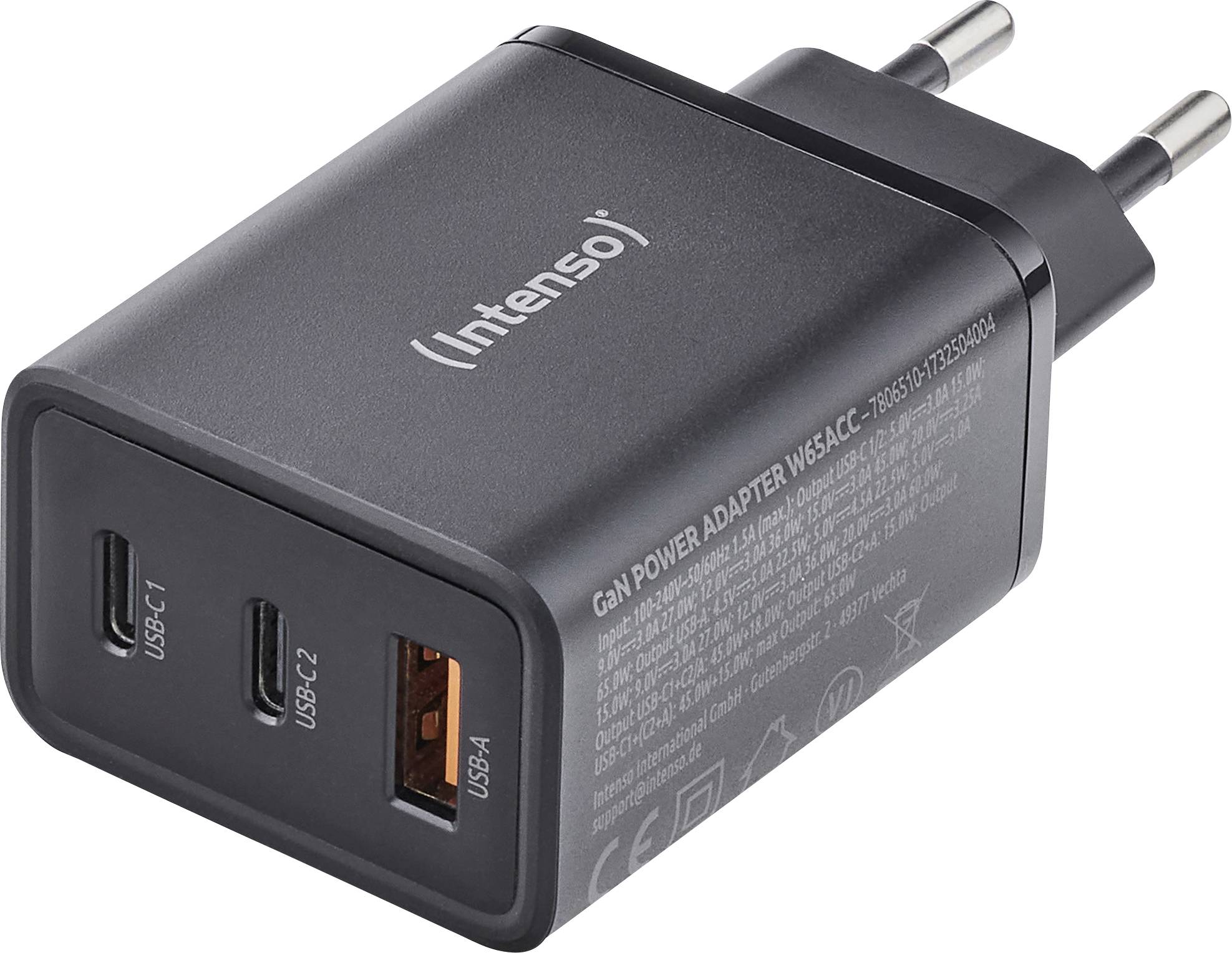 Intenso Power Adapter 1x USB-A/2x USB-C 65W GaN Black