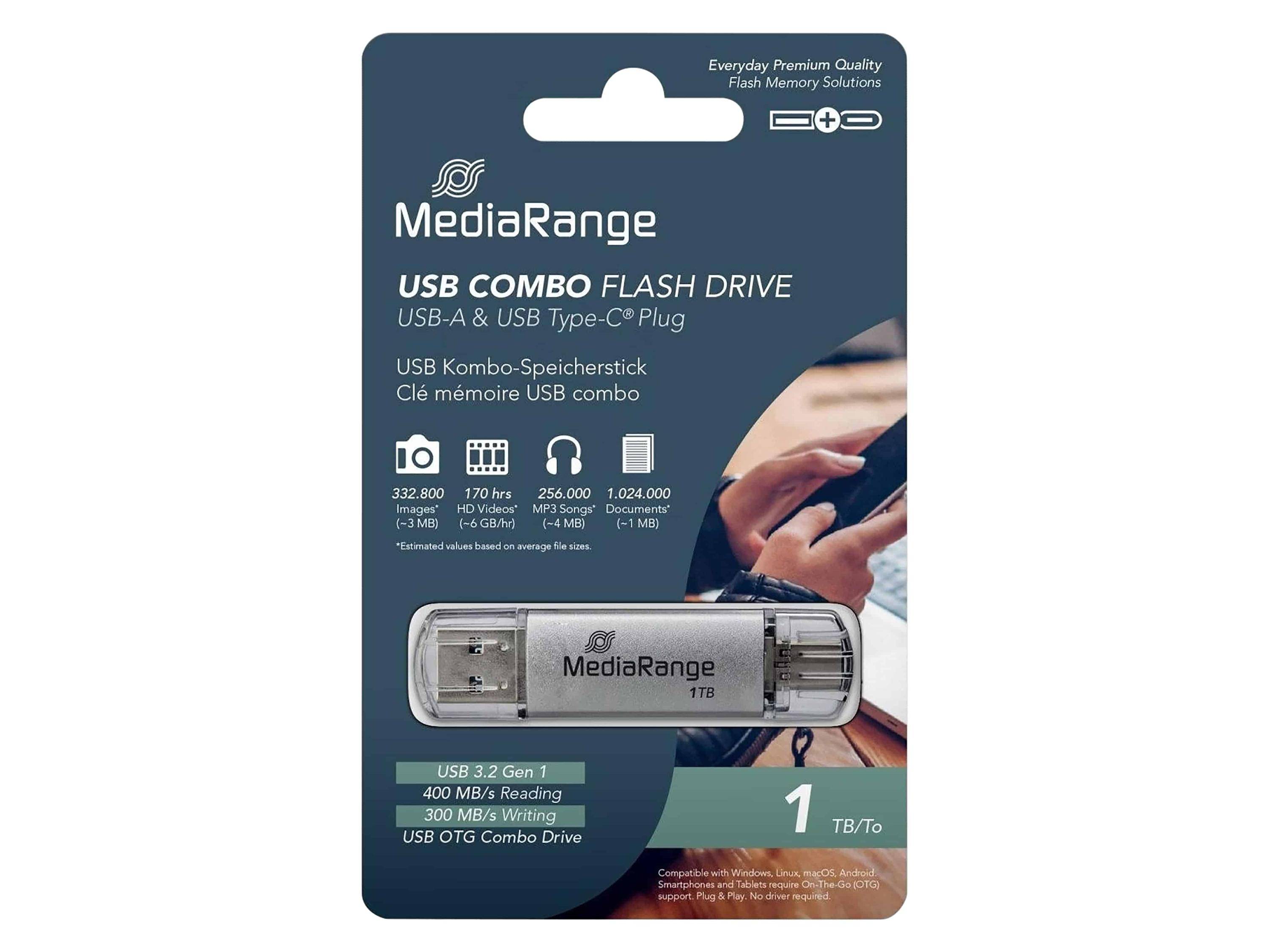 MediaRange USB-Stick 3.2 Gen 1 USB-A und USB-C, 1TB silber