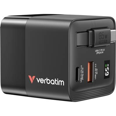Verbatim GaN Charger 2 Port 65W retractable cable (EU/UK/US)